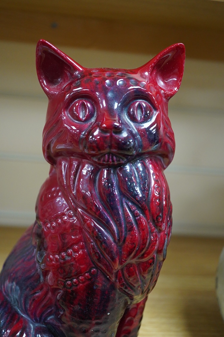 A Doulton Flambé glazed model of a cat, 28cm high